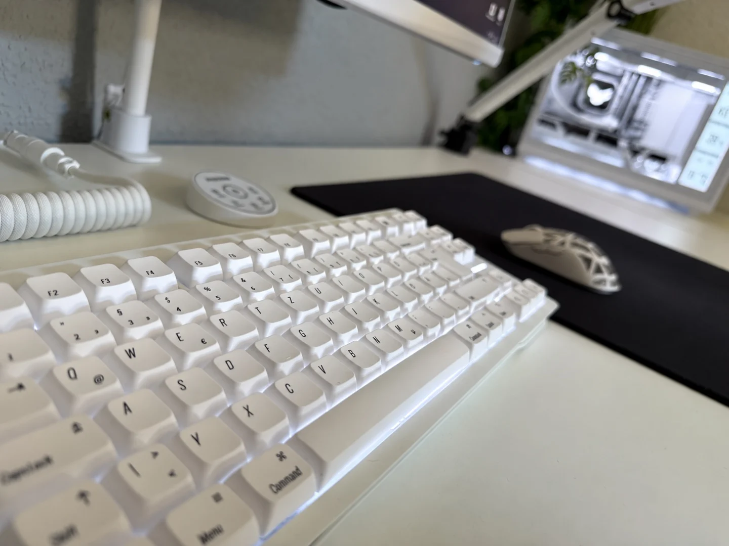 My white Wooting keyboard and WLMouse beside the PC